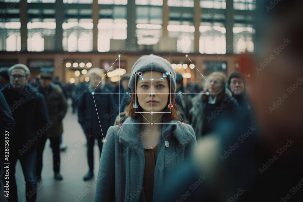 Poster Face detection technology recognizing young woman in crowd at station biometrical authentication