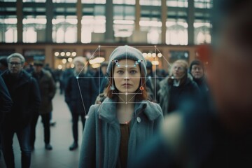 Fototapeta na wymiar Face detection technology recognizing young woman in crowd at station biometrical authentication
