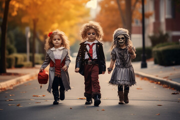 Obraz premium Kids in Halloween costume, funny and spooky tradition. Generative AI