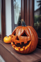 Jack-o-lantern Halloween pumpkin on  front porch. Festive home decorations. Generative AI