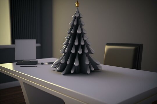 3D modeled Xmas tree on meeting desk. Generative AI