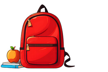 Red school backpack with books and apple, isolated on white background. back to school. 