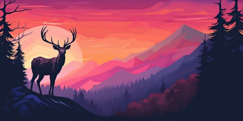 AI Generated. AI Generative. Nature outdoor forest mountain deer animal background. Adventure trekking hunting landscape background poster. Graphic Art