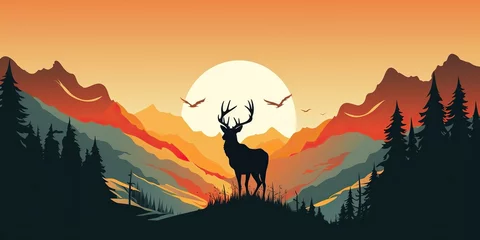 Fototapeten AI Generated. AI Generative. Nature outdoor forest mountain deer animal background. Adventure trekking hunting landscape background poster. Graphic Art © AkimD