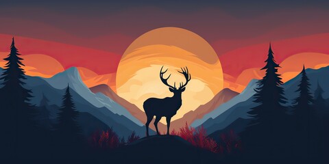 AI Generated. AI Generative. Nature outdoor forest mountain deer animal background. Adventure trekking hunting landscape background poster. Graphic Art