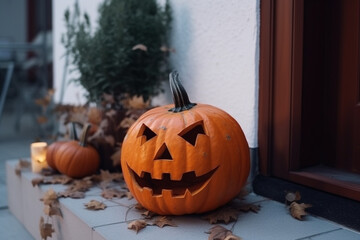 Jack-o-lantern Halloween pumpkin on  front porch. Festive home decorations. Generative AI