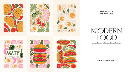 Food abstract elements. Food and healsy composition. Modern trendy Matisse minimal style. Restaurant and kitchen poster, invite. Vector arrangements for greeting card or invitation design