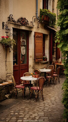 Plakat Traditional restaurant exterior with tables, chairs and menu, France