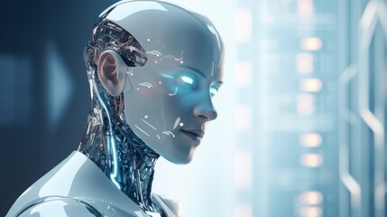 Humanoid female AI futuristic android, cyborg robot, vibrant neon neural network, futuristic technology & artificial intelligence concept with head with binary code background. Generative AI