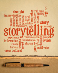 story and storytelling word cloud on art paper with a pen, culture, communication, entertainment, and education concept