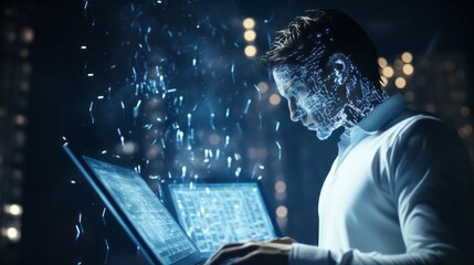 Humanoid female AI futuristic android, cyborg robot, vibrant neon neural network, futuristic technology & artificial intelligence concept with head with binary code background. Generative AI