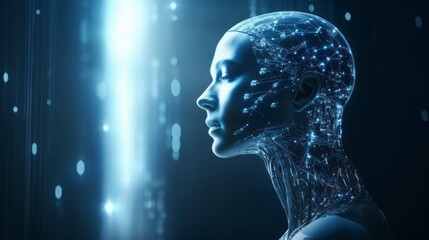Humanoid female AI futuristic android, cyborg robot, vibrant neon neural network, futuristic technology & artificial intelligence concept with head with binary code background. Generative AI