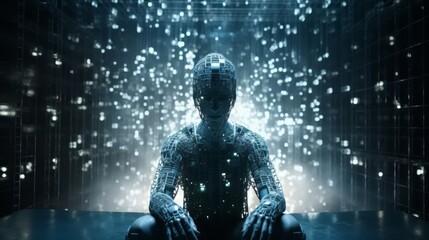 Fototapeta na wymiar Humanoid female AI futuristic android, cyborg robot, vibrant neon neural network, futuristic technology & artificial intelligence concept with head with binary code background. Generative AI