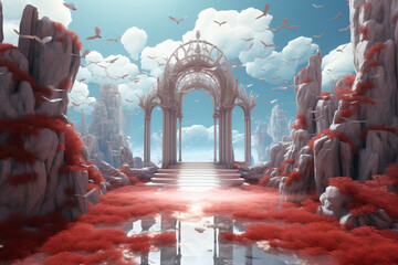 Pathway to Eternity: Majestic red carpet leading to heavenly gates guarded by angelic statues