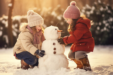 Happy kids building snowman in the garden at sunny winter day. Generative AI