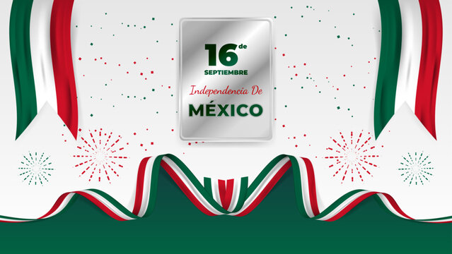 Decorative Día de La Independencia de México Greeting on Silver Plate with Wavy Mexican National Flags Ribbons