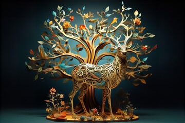 Abstract modern and creative 3d interior mural wall art wallpaper with dark green and golden forest trees, deer animal wildlife with birds and mountains