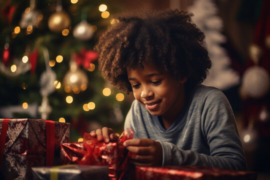 Happy young boy opening Christmas gifts and presents under Christmas tree. Generative AI