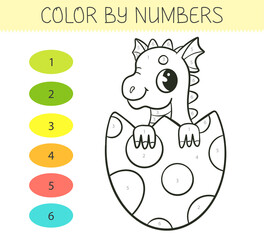 Color by numbers coloring book for kids with cute dragon in the egg. Coloring page with cartoon dragon. Monochrome black and white.