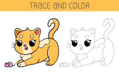 Trace and color coloring book with cute cat for kids. Coloring page with cartoon cat.
