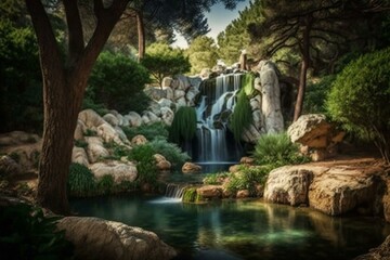 Fototapeta na wymiar Beautiful waterfall at Parc de la Colline du Chateau in the hilly Cote d'Azur region of France. Generative AI
