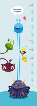 Cute monsters, colorful vector illustration graphic, characters, for the measurement height of children, centimeter, chart, nursery room interior, growth, great for girls and boys