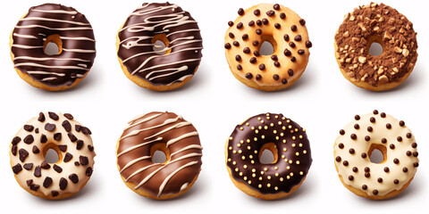 Fototapeta premium Tasty Donuts Set Isolated on White Backround. Different type of donuts. Cafe menu.
