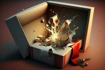 3D Christmas gift, surprise in open box. Generative AI