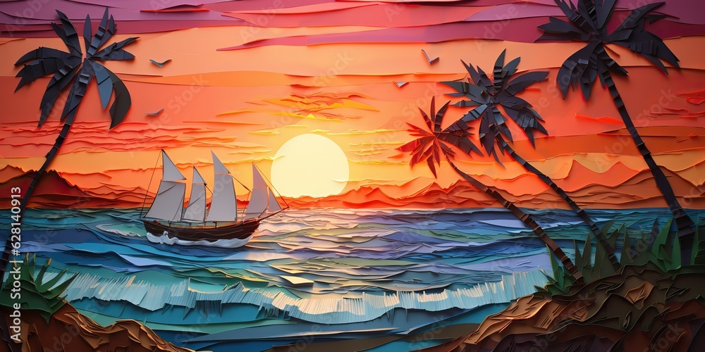 Wall mural AI Generated. AI Generative. Sunset island tropical paradise palms sea ocean vacation boat sail poster. Oil draw paint paper watercolor graphic style. Palms trees and sail boat