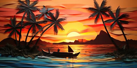 AI Generated. AI Generative. Sunset island tropical paradise palms sea ocean vacation boat sail poster. Oil draw paint paper watercolor graphic style. Palms trees and sail boat