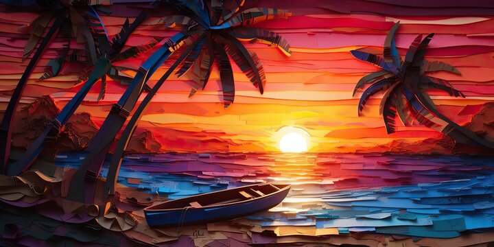 AI Generated. AI Generative. Sunset island tropical paradise palms sea ocean vacation boat sail poster. Oil draw paint paper watercolor graphic style. Graphic Art