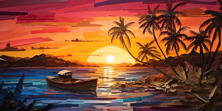 AI Generated. AI Generative. Sunset island tropical paradise palms sea ocean vacation boat sail poster. Oil draw paint paper watercolor graphic style. Palms trees and sail boat