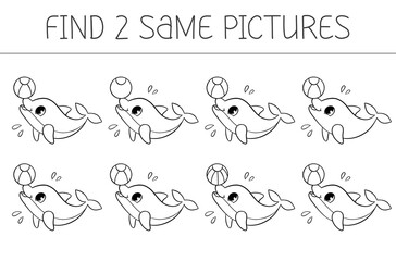 Find two some pictures is an educational game for kids with dolphin. Dolphin coloring book. Vector illustration.