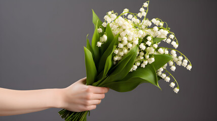Lily of the valley, hand holding a bouquet, offering a bouquet, gifting flowers, flowers on a grey background, lilies, first may, 1er mai, fête du travail, green leaves, wild flowers, no background - obrazy, fototapety, plakaty