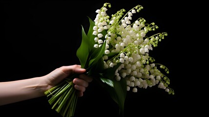 Lily of the valley, hand holding a bouquet, offering a bouquet, gifting flowers, flowers on a grey background, lilies, first may, 1er mai, fête du travail, green leaves, wild flowers, no background