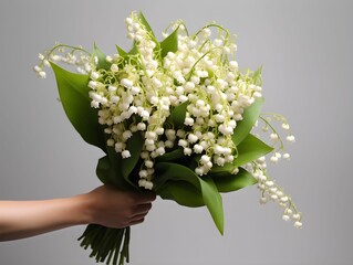 Lily of the valley, hand holding a bouquet, offering a bouquet, gifting flowers, flowers on a grey background, lilies, first may, 1er mai, fête du travail, green leaves, wild flowers, no background