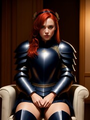 a red head female heroine with black armor sitting on a fantasy throne