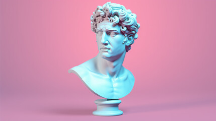Head of David's statue, sculpture bust, 3d rendering style on pastel background..