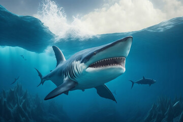 Fototapeta premium there is a big shark in the sea. ai generator