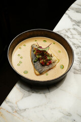 Fried dorado fish with vegetable tartare sauce