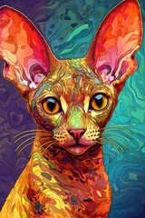 Cornish Rex cat psychedelic look. Generative AI