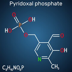 Pyridoxal phosphate, PLP molecule. It is active form of vitamin B6 and coenzyme. Structural chemical formula on the dark blue background. Vector