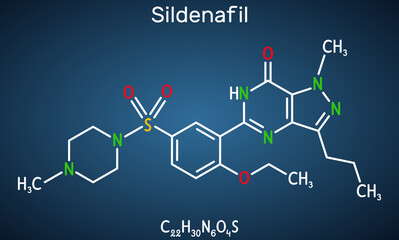 Sildenafil molecule. It is drug for the treatment of erectile dysfunction. Structural chemical formula on the dark blue background. Vector