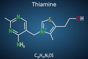 Thiamine, vitamin B1 molecule. Found in food, used as a dietary supplement and medication.  Structural chemical formula on the dark blue background. Vector illustration