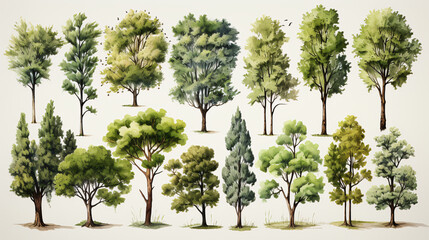 Isolated trees on white background. The collection of trees. Set of plants.