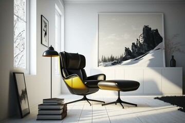 Sleek interior with armchair against white wall. Generative AI