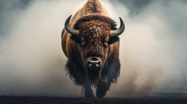 the bison comes out of the fog