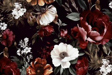 chinese wallpaper bouquet vintage decoration burgundy peony dark flower background nature. Generative AI.