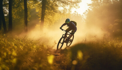 Naklejka premium woman female bicycle dark cycling bike sunset walking sport forest summer. Generative AI.