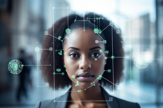 portrait Face recognition technology scanning young businesswoman face biometrical authentication